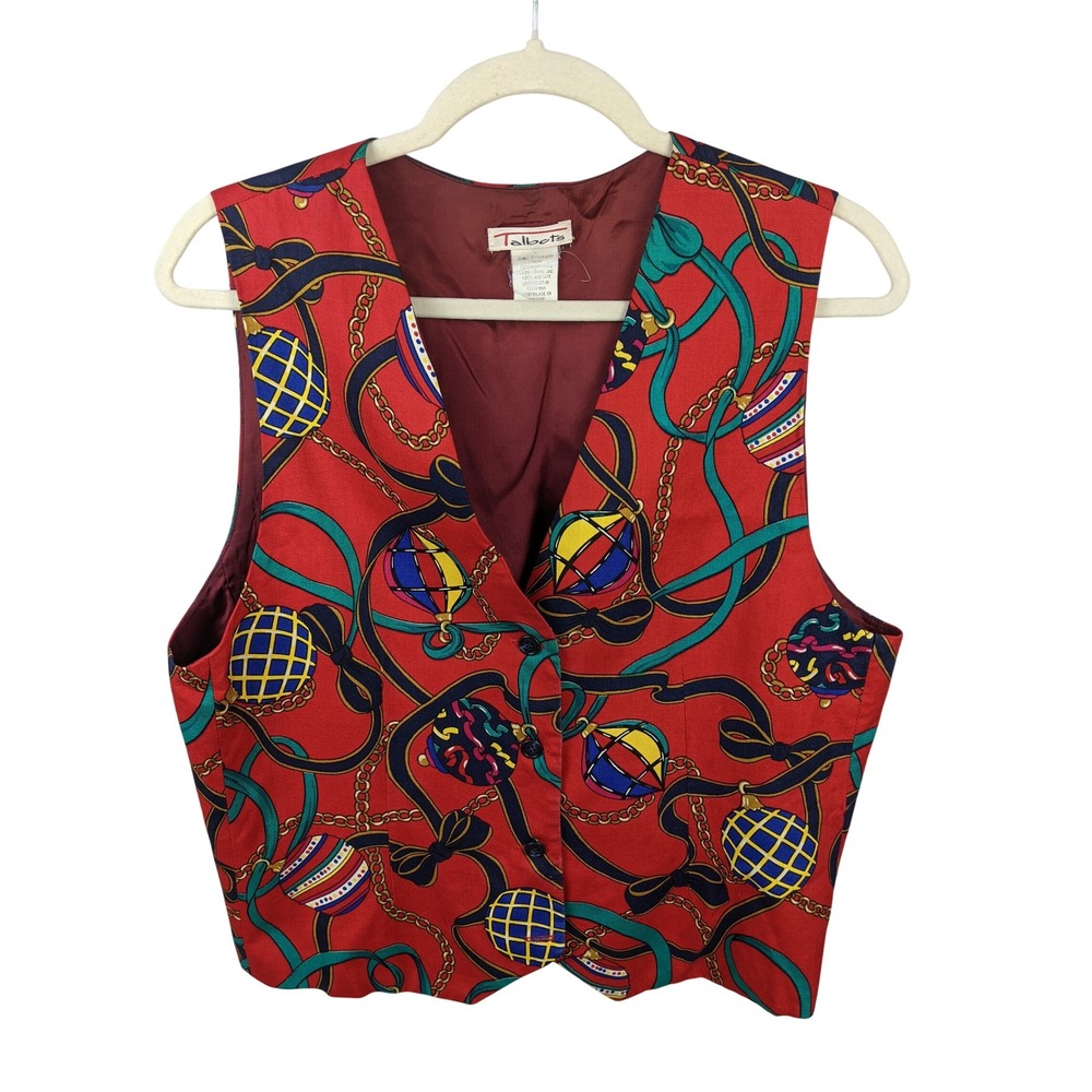 Talbots Vintage Christmas Holiday Red Scarf Print Vest Equestrian Chain Ribbon L
